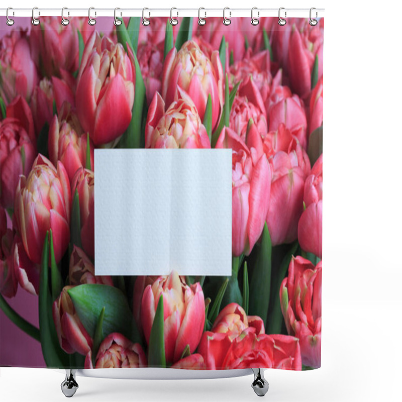 Personality  Blank Greeting Card On Pink Tulips Floral Wallpaper Background. Shower Curtains