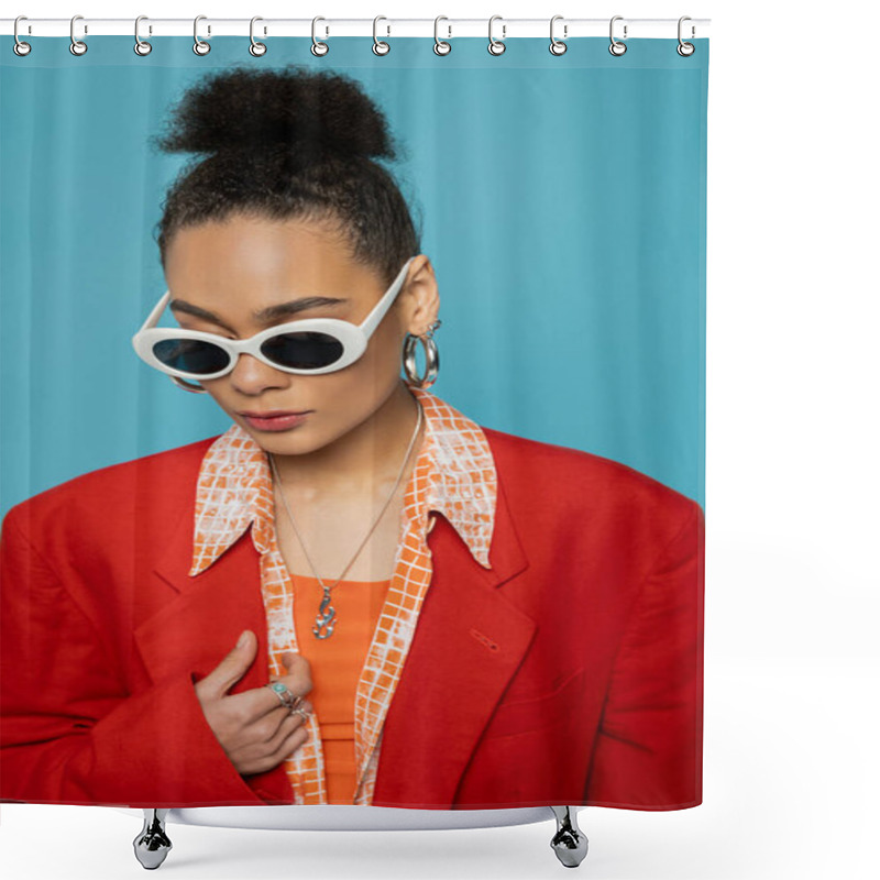 Personality  Portrait Of African American Woman In Hoop Earrings, Sunglasses And Vibrant Outfit Posing On Blue Shower Curtains