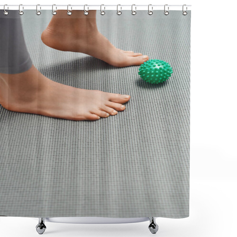 Personality  Cropped View Of Barefoot Woman Standing On Fitness Mat Near Manual Massage Ball At Home, Body Relaxation And Holistic Wellness Practices, Balancing Energy Shower Curtains