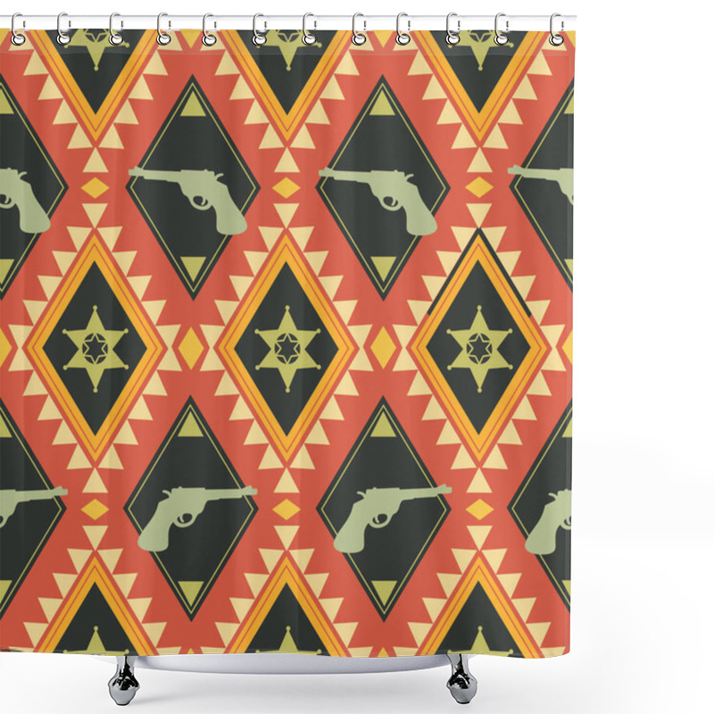 Personality  Wild West Or Americana Style Pattern With Motifs Like Revolvers, Sheriff Badges, Geometric Diamond Shapes. Adventurous Spirit Of The Old West. Shower Curtains