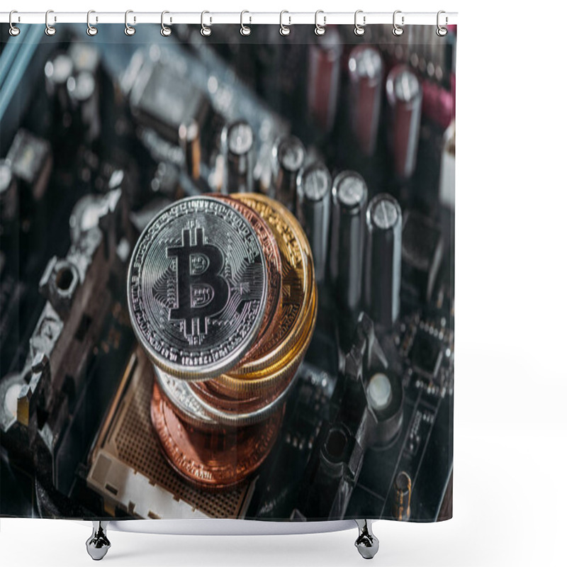 Personality  Close Up View Of Pile Of Bitcoins On Computer Motherboard Shower Curtains