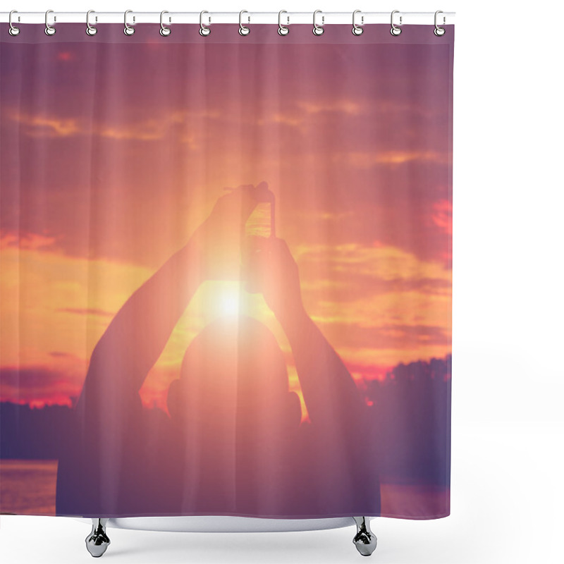 Personality  Silhouette Of Man Taking Pictures Of Sunset Shower Curtains