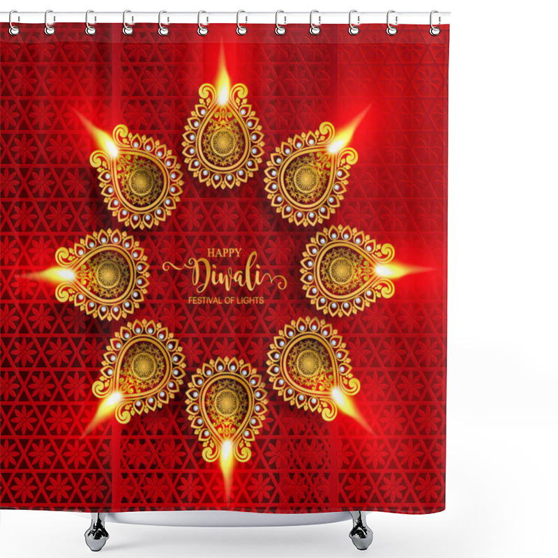 Personality  Happy Diwali Festival Card With Gold Diya Patterned And Crystals On Paper Color Background. Shower Curtains