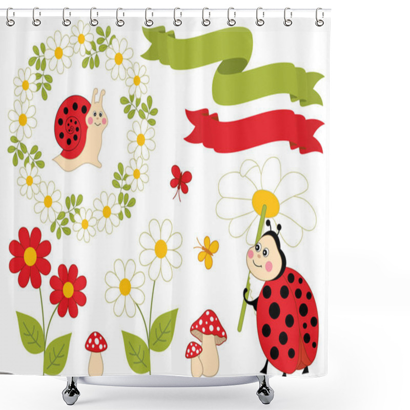 Personality  Vector Summer Set With Cute Cartoon Insects And Flowers Shower Curtains