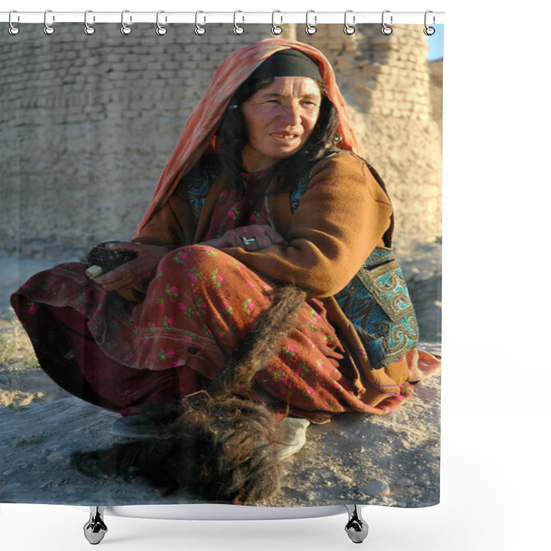 Personality  Dowlat Yar In Ghor Province, Afghanistan. Portrait Of An Old Woman Near The Town Of Dowlatyar In Central Afghanistan. She Has Traditional Facial Tattoos (the Blue Ink Dots On Her Face). Shower Curtains