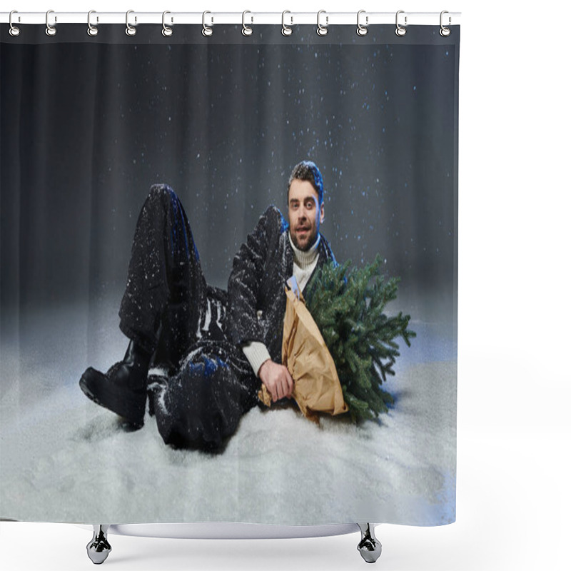 Personality  A Young Man Lounges In The Snow, Holding A Freshly Cut Christmas Tree, Enjoying A Winter Moment. Shower Curtains