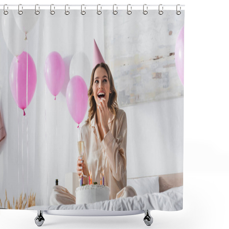 Personality  Cheerful Woman Holding Glass Of Champagne Near Birthday Cake With Candles On Bed  Shower Curtains