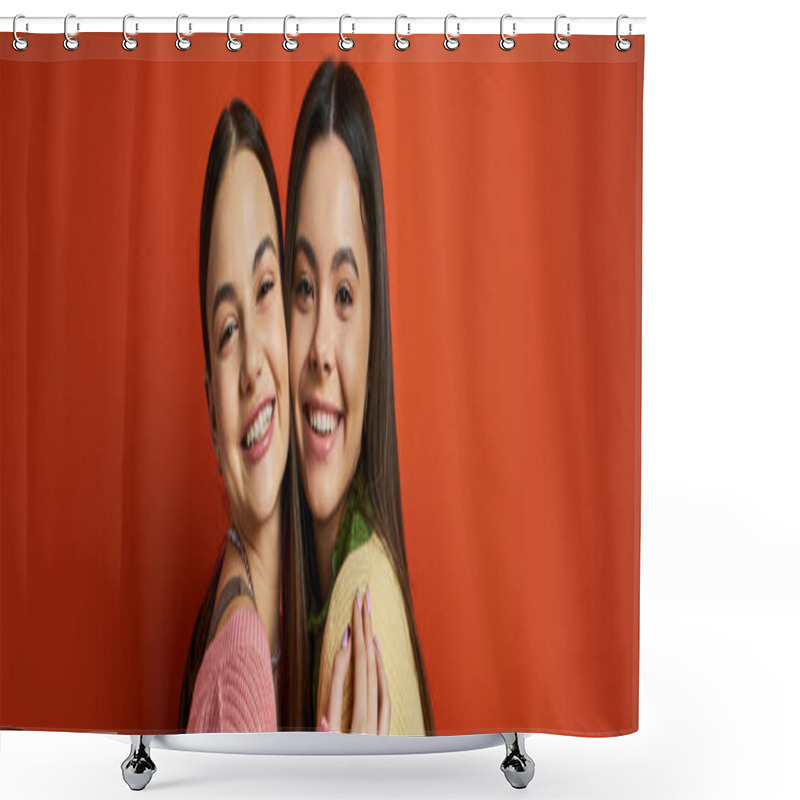 Personality  Two Young Women, Pretty And Brunette, Hug Each Other Affectionately In Front Of A Vibrant Red Wall. Shower Curtains