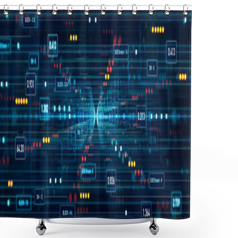 Personality  Node Tree. Digital Switch Board With Signal Lights. Industry, Data, Blocks, Switches, Connections, Technology. Control Center Concept. 3D Illustration Shower Curtains