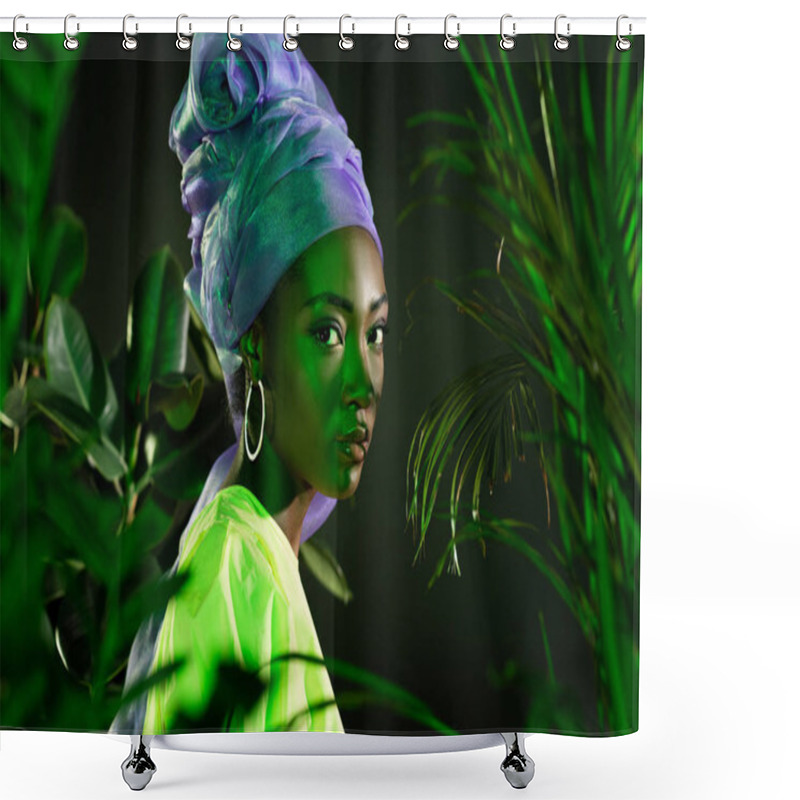 Personality  Attractive African American Woman In Traditional Wire Head Wrap Under Green Light Behind Leaves Looking At Camera Shower Curtains