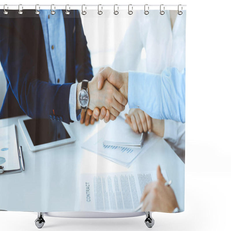 Personality  Business People Shaking Hands At Meeting Or Negotiation, Close-up. Group Of Unknown Businessmen And Women In Modern Office. Teamwork, Partnership And Handshake Concept, Toned Picture Shower Curtains