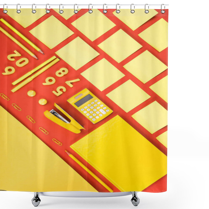 Personality  Flat Lay With Arranged Yellow Schooling Supplies In Rows On Red Shower Curtains