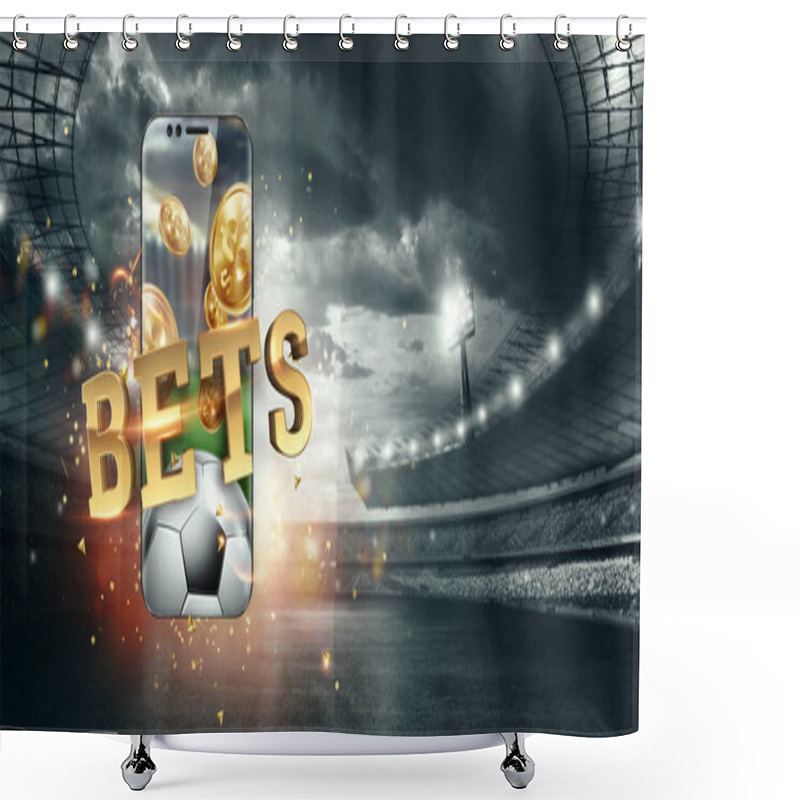 Personality  Gold Inscription Sports Betting On A Smartphone On The Background Of The Stadium. Bets, Sports Betting, Bookmaker. Mixed Media Shower Curtains