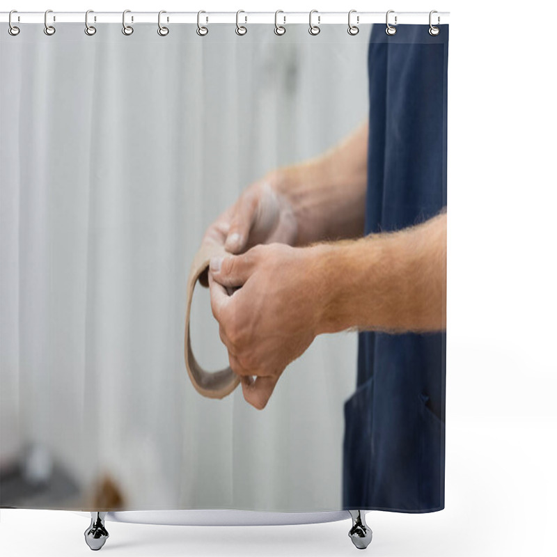 Personality  Cropped View Of Man Shaping Clay Piece Into Circle In Hands During Pottery Class Shower Curtains