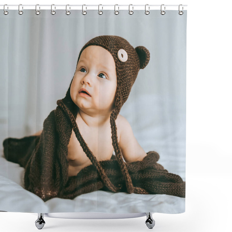 Personality  Infant Child In Brown Knitted Hat With Blanket In Bed Shower Curtains