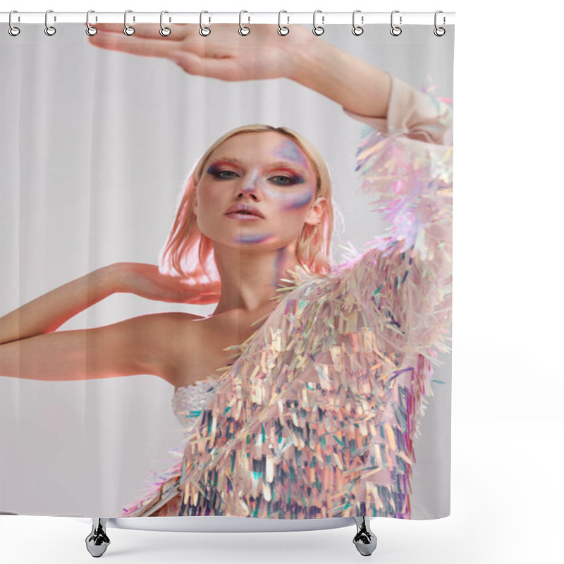 Personality  A Young Woman Flaunts Vibrant Holographic Attire With An Expressive Pose. Shower Curtains