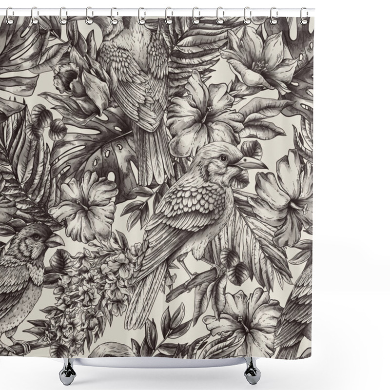 Personality  Vintage Monochrome Tropical Seamless Pattern With Fantasy Bird, Leaves And Flowers, Classic Natural Wallpaper Shower Curtains