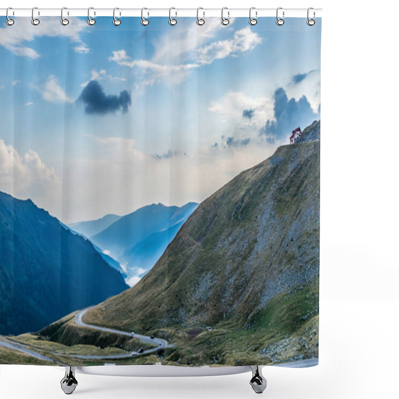 Personality  Mountain Rescue House At The Top Of The Mountain With Cars Passing On Curvy Road At The Bottom And Foggy Forest Covered Mountains In The Background Shower Curtains