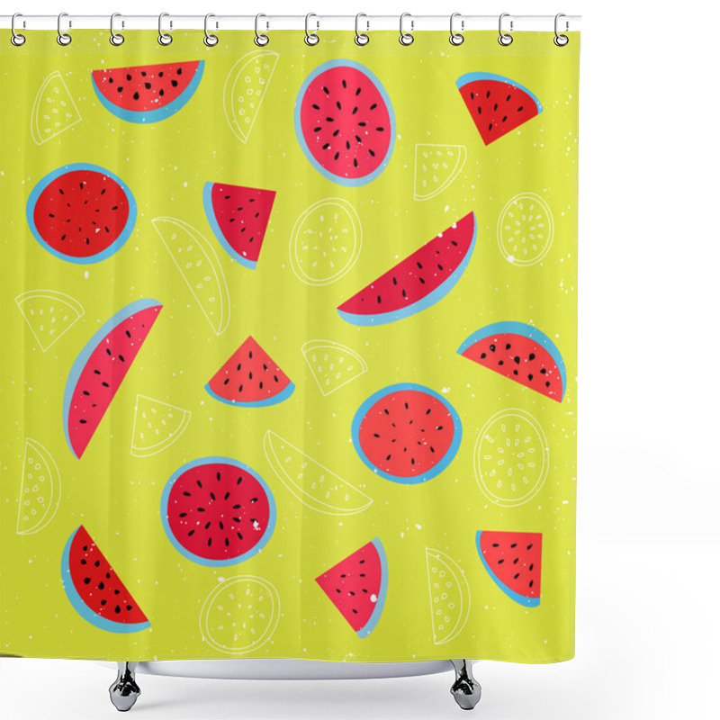 Personality  Seamless Pattern With Ripe Watermelon Symbol Over Yellow Background. Vector Textile Print Ornament. Fashion, Grunge Wallpaper Cool Design. Abstract, Melon Fruits Ornament Patterns Shower Curtains