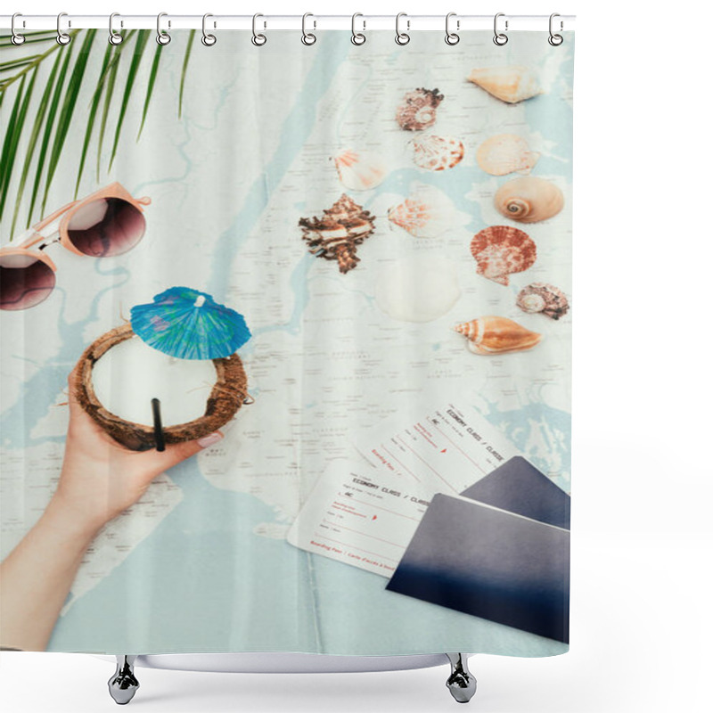 Personality  Cropped Shot Of Woman With Coconut Cocktail And Flight Tickets On Travel Map Shower Curtains