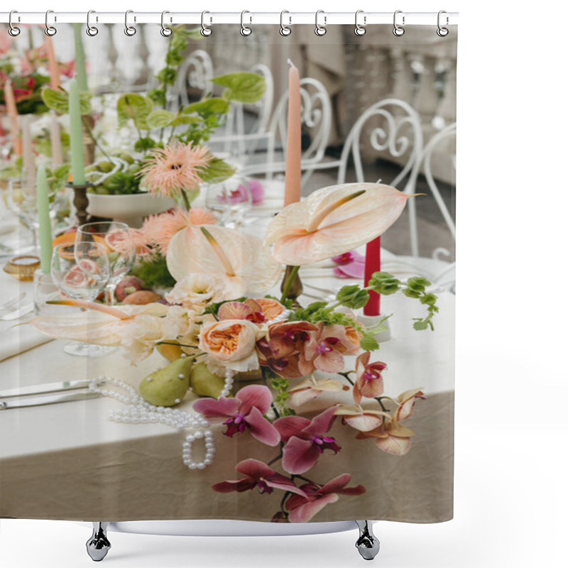 Personality  A Close-up Of A Luxurious Table Centerpiece Featuring Pink Orchids, Anthuriums, Roses, And Soft Greenery. Shower Curtains