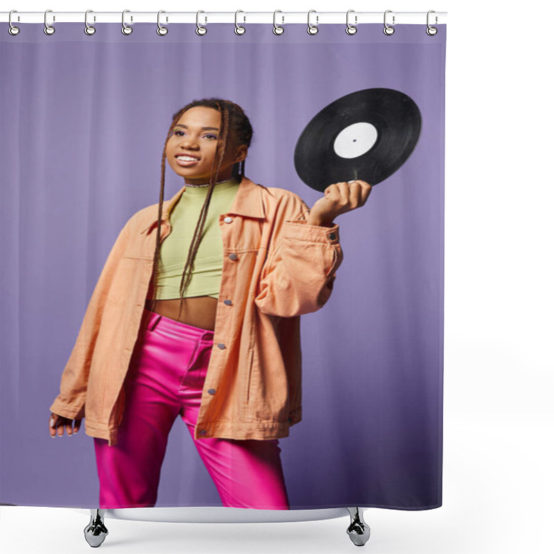 Personality  Happy Young African American Girl In Her 20s With Dreadlocks Holding Vinyl Disc On Purple Backdrop Shower Curtains