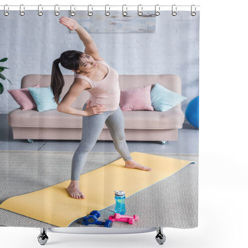 Personality  Sporty Young Woman Working Out And Doing Side Bend At Home Shower Curtains