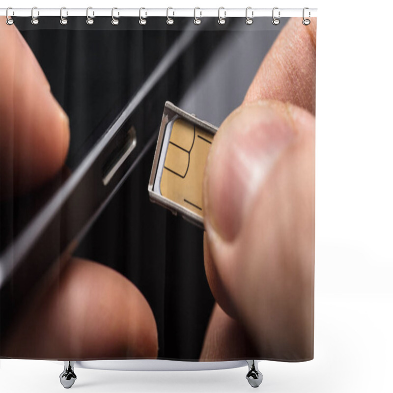 Personality  Close-up Of A Person Inserting A Sim Card Into The Back Of A Mobile Phone Shower Curtains