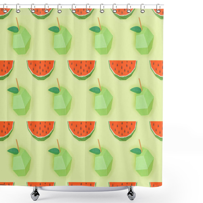 Personality  Top View Of Textured Pattern With Handmade Cardboard Apples And Watermelon Slices Isolated On Green Shower Curtains