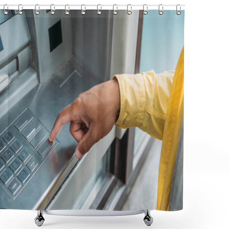 Personality  Cropped View Of Bi-racial Man Pressing Button On Atm Keyboard  Shower Curtains