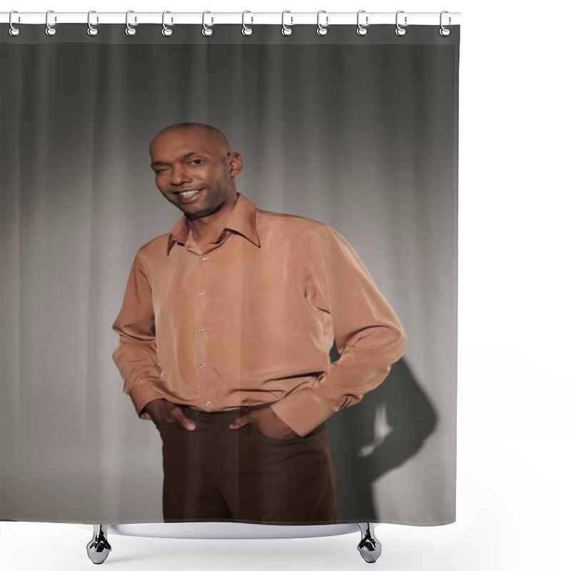 Personality  Real People, Happy African American Man With Myasthenia Gravis Standing With Hands In Pockets On Grey Background, Dark Skinned Person In Shirt, Smart Casual, Diversity And Inclusion, Ptosis Shower Curtains