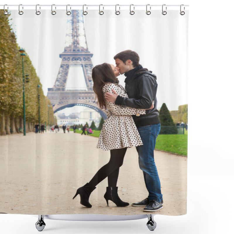 Personality  Young Romantic Couple Kissing Near The Eiffel Tower In Paris Shower Curtains