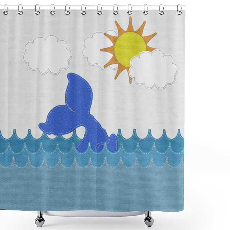 Personality  Cute Smiling Whale With Stitch Style On Fabric Background Shower Curtains