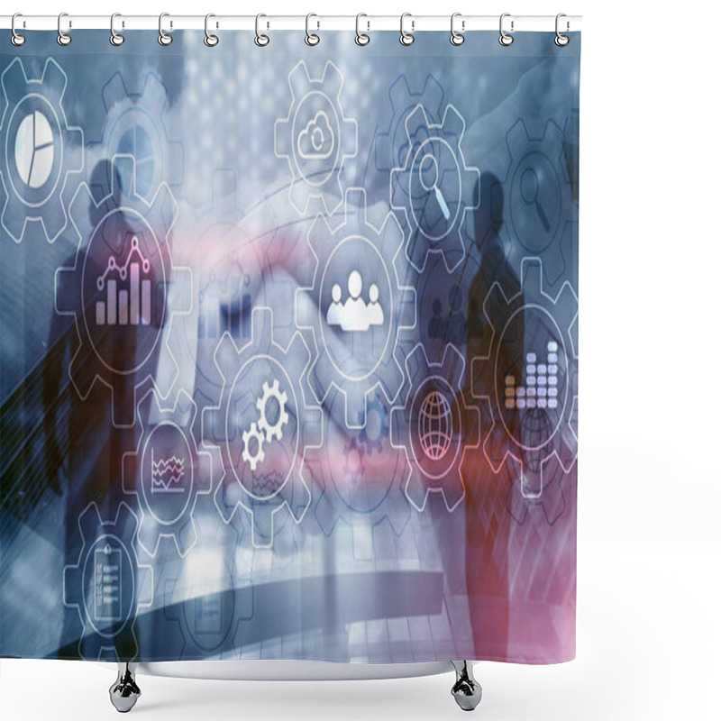 Personality  Business Process Abstract Diagram With Gears And Icons. Workflow And Automation Technology Concept. Shower Curtains