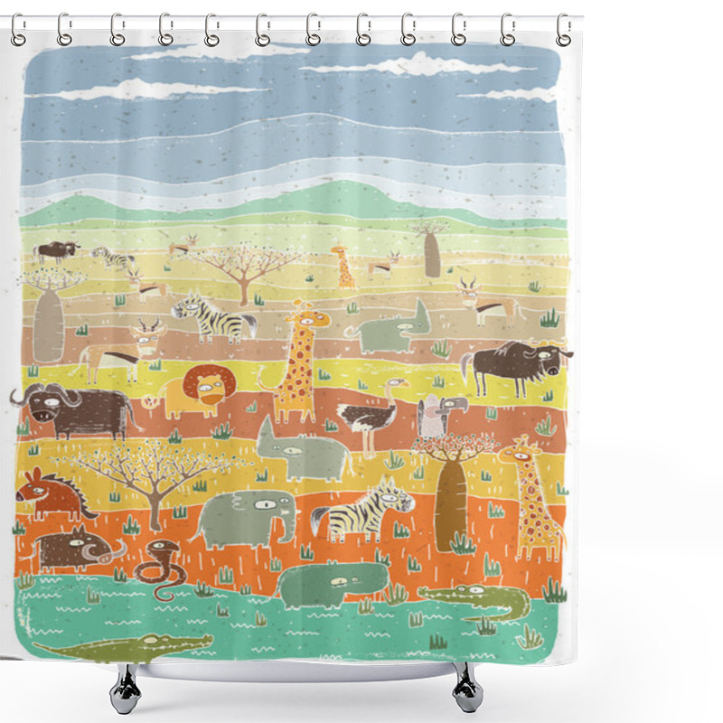 Personality  Grunge African Animals On Savannah Background Shower Curtains