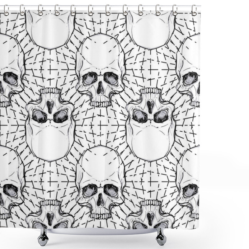 Personality  Seamless Pattern With Skulls And Rays. Vector Illustration. Reapiting Background. Black And White Shower Curtains