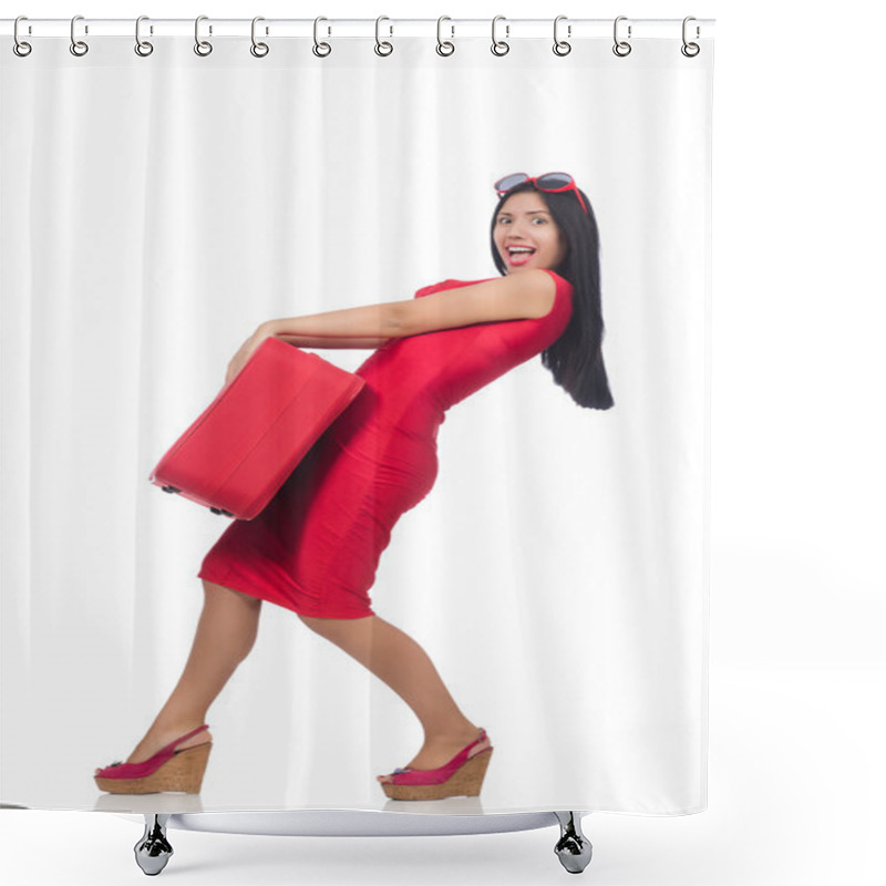 Personality  Woman In Red Dress With Suitcase On White Shower Curtains