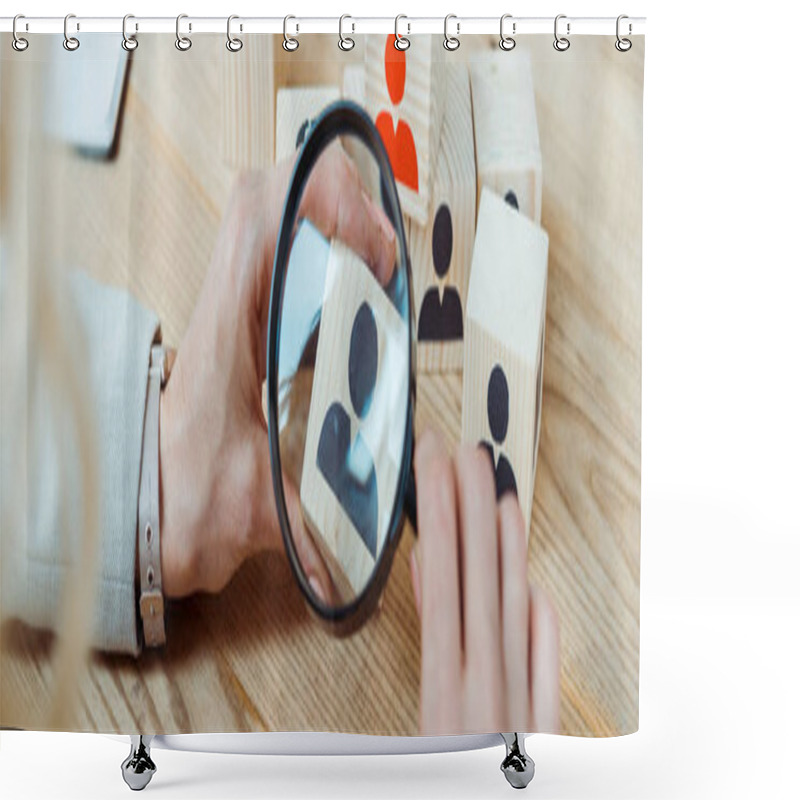 Personality  Panoramic Shot Of Recruiter Holding Magnifier Near Wooden Cube  Shower Curtains