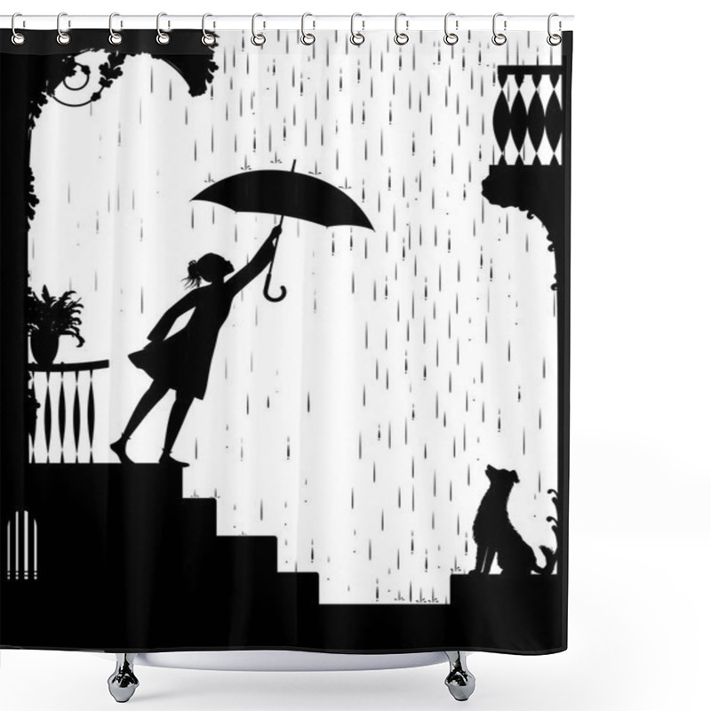 Personality  Walk In Rain, Girl Opens The Umbrella And Go For A Walk And Gog Waiting For Her, My Friend Dog, Black And White, Shadow, Shower Curtains