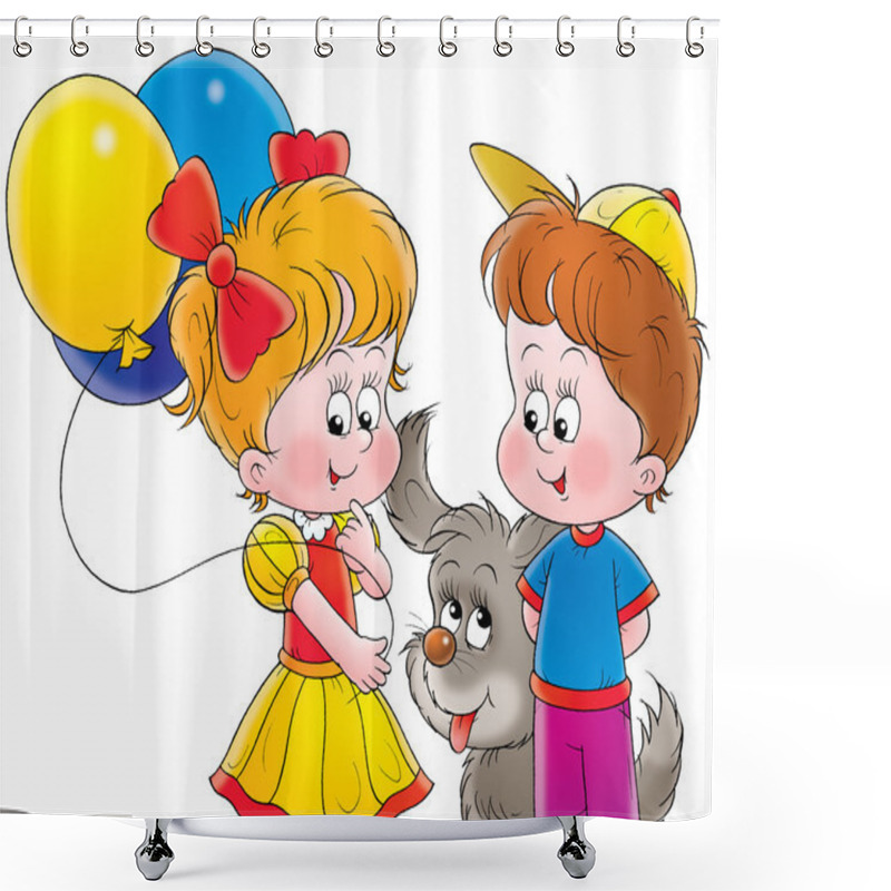 Personality  Puppy Playing With A Boy And Girl With Balloons Shower Curtains