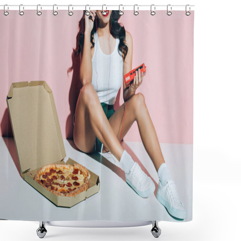 Personality  Cropped Shot Of Smiling Woman With Retro Music Player And Delivery Box With Pizza On Pink Background Shower Curtains