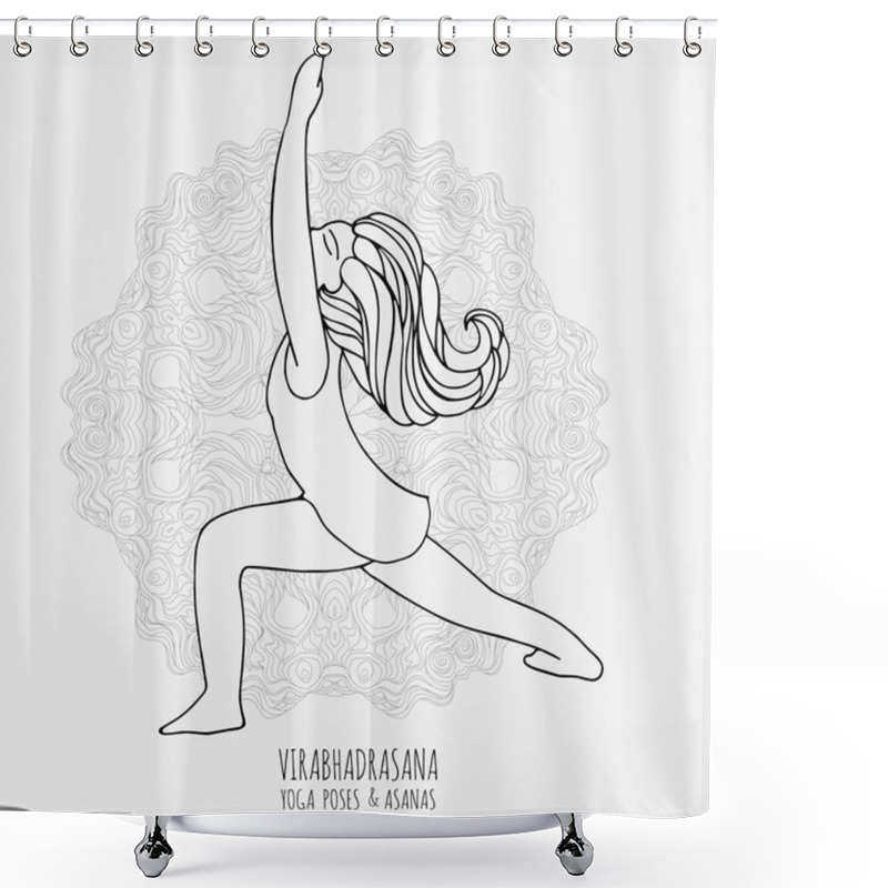 Personality  Cute Girl Doing Yoga. Yoga Poses And Asanas In Hand-drawn Style. Woman Doing Yoga Exercises. Yoga And Relaxation, Doodle Vector Illustration. Yoga Woman Poses. Shower Curtains