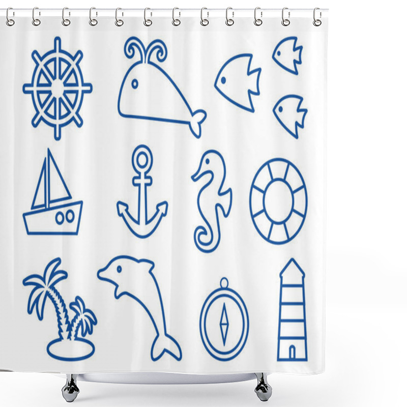 Personality  Dark Blue Set On Marine Theme, Outline Design. Vector Illustration Shower Curtains