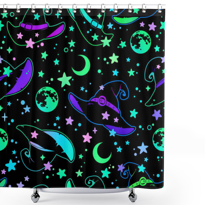 Personality  Seamless Magical Illustration Of Witches Different Hats And Moon Sky Shower Curtains