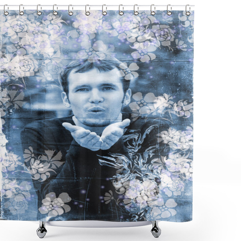 Personality  Young Boy Blowing Kisses (toned In Blue) Shower Curtains