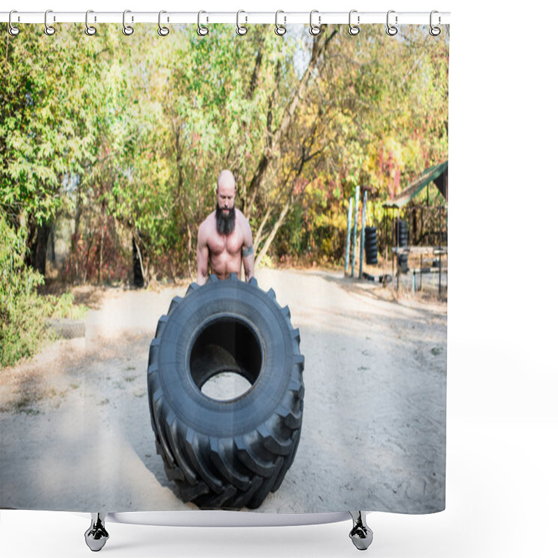 Personality  Man Lifting A Large Tractor Tire Shower Curtains