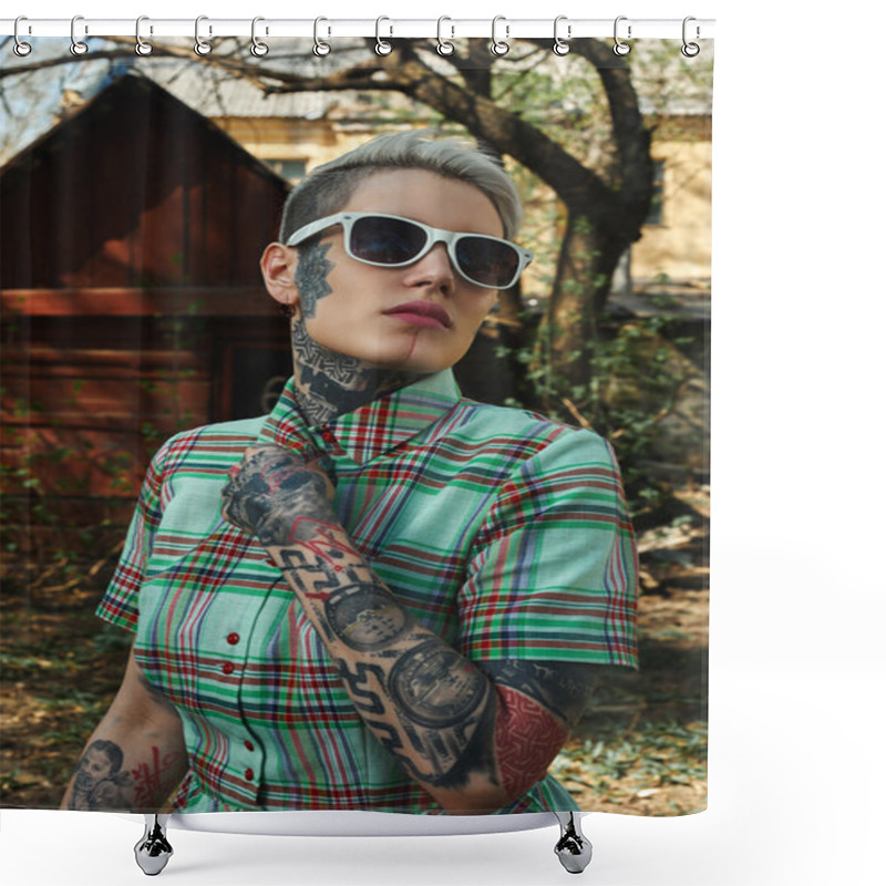 Personality  Portrait Of Tattooed Female With White Sunglasses, Unbuttoned He Shower Curtains