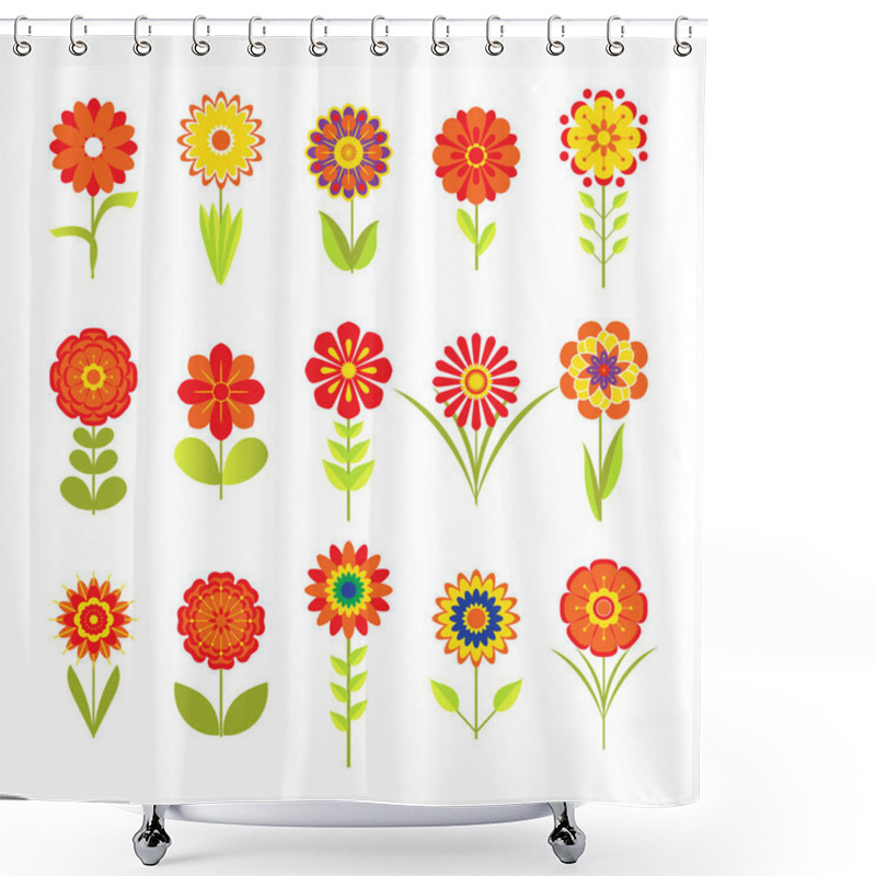 Personality  Various Stylized Flowers With Different Leaves In 70s Style Isolated On White. Vector Illustration. Blooming Colored Icon Set, Floral Design Elements. Shower Curtains