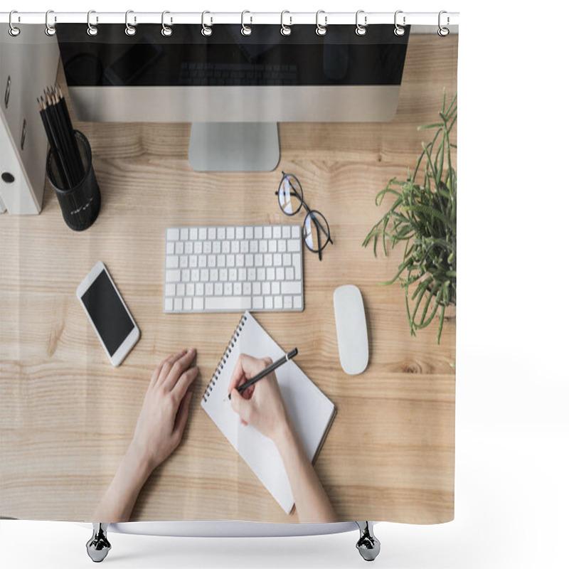 Personality  Woman Writing In Notebook At Workplace Shower Curtains