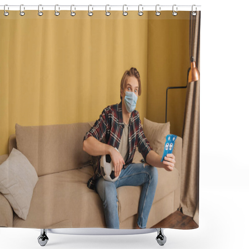 Personality  Shocked Man In Medical Mask Holding Football And Sport Match Tickets, End Of Quarantine Concept Shower Curtains